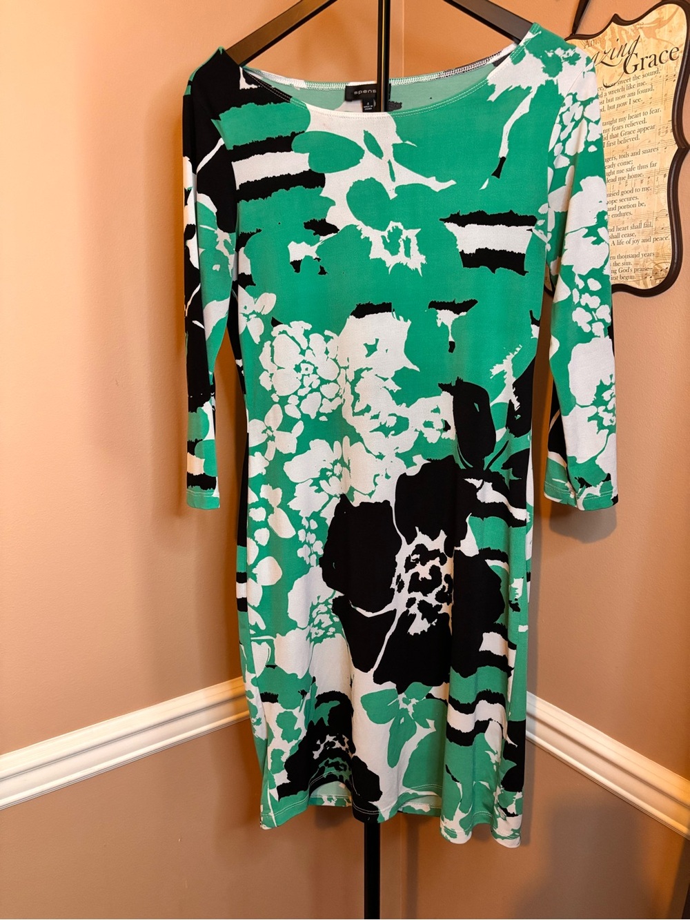 Spense Green Floral Long-Sleeve Shift Dress